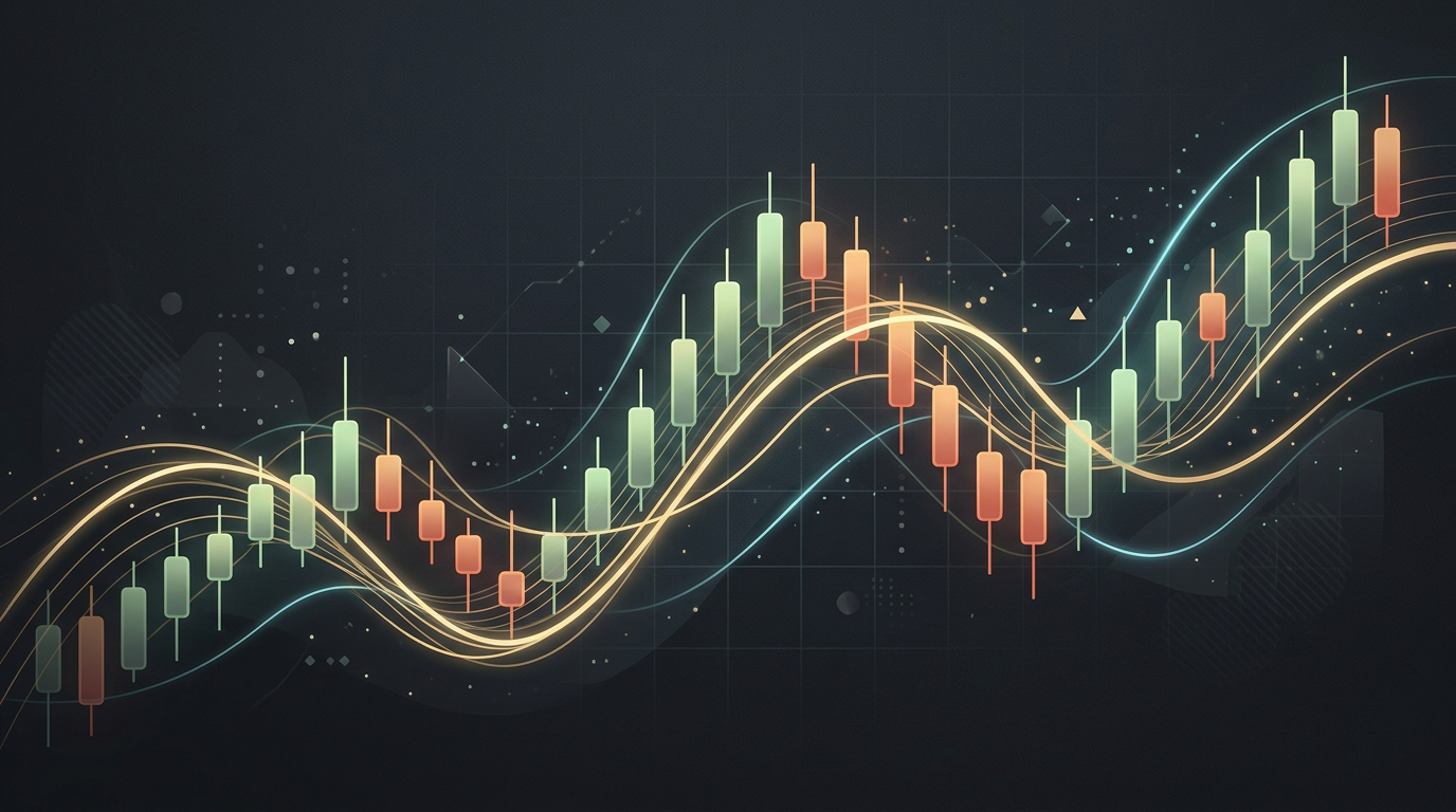 Abstract candlesticks and liquidity curves on a dark background