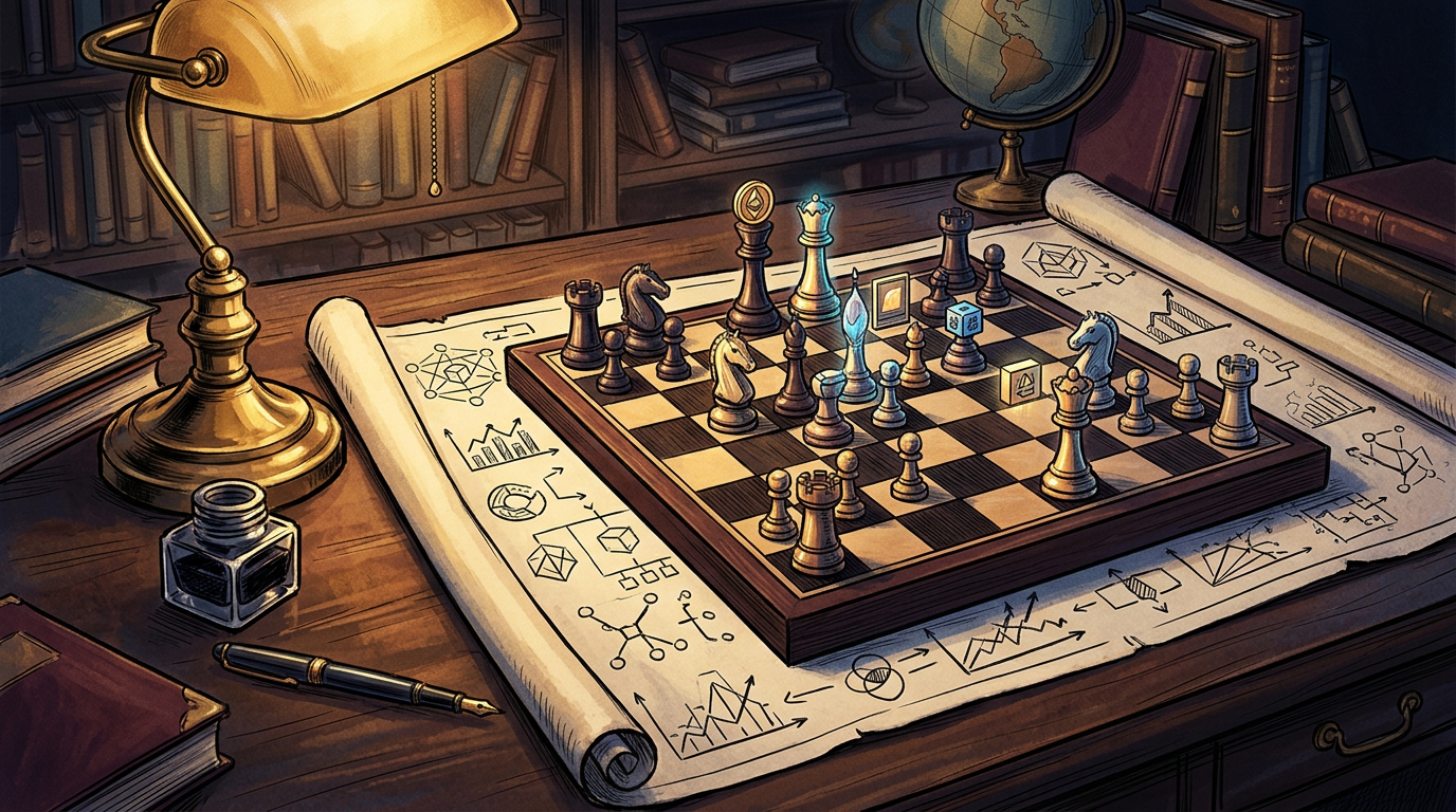 Editorial desk with blueprint and strategy metaphor