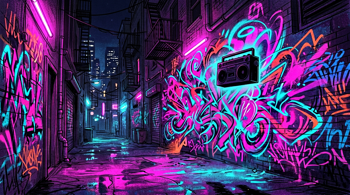 Neon street culture and music energy, abstract editorial art