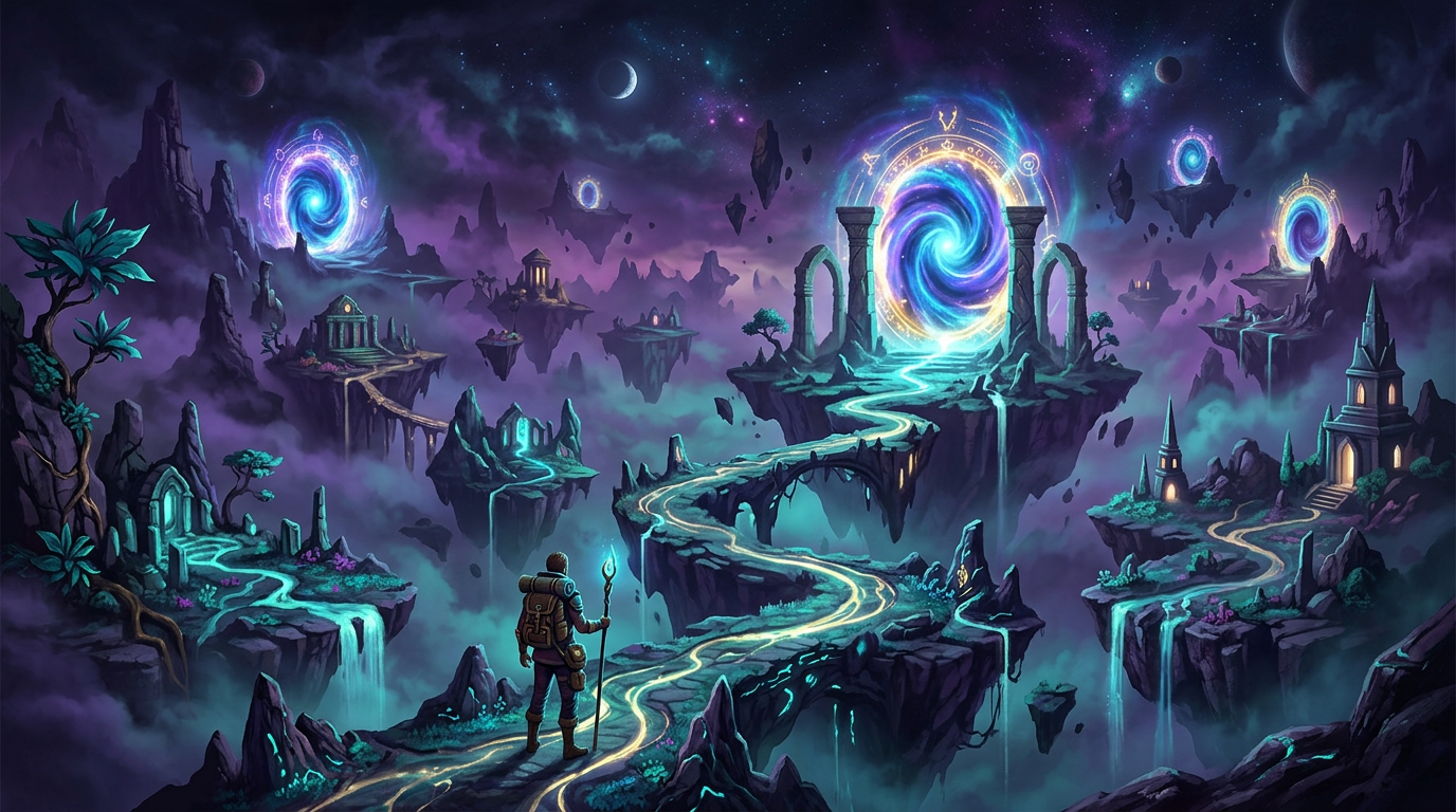 Surreal metaverse landscape with portals and floating islands