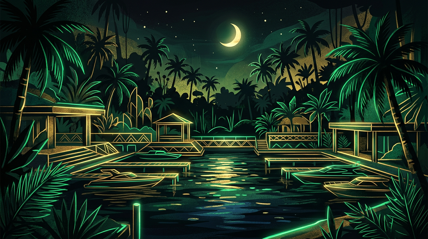 Stylized jungle yacht club atmosphere, abstract editorial illustration