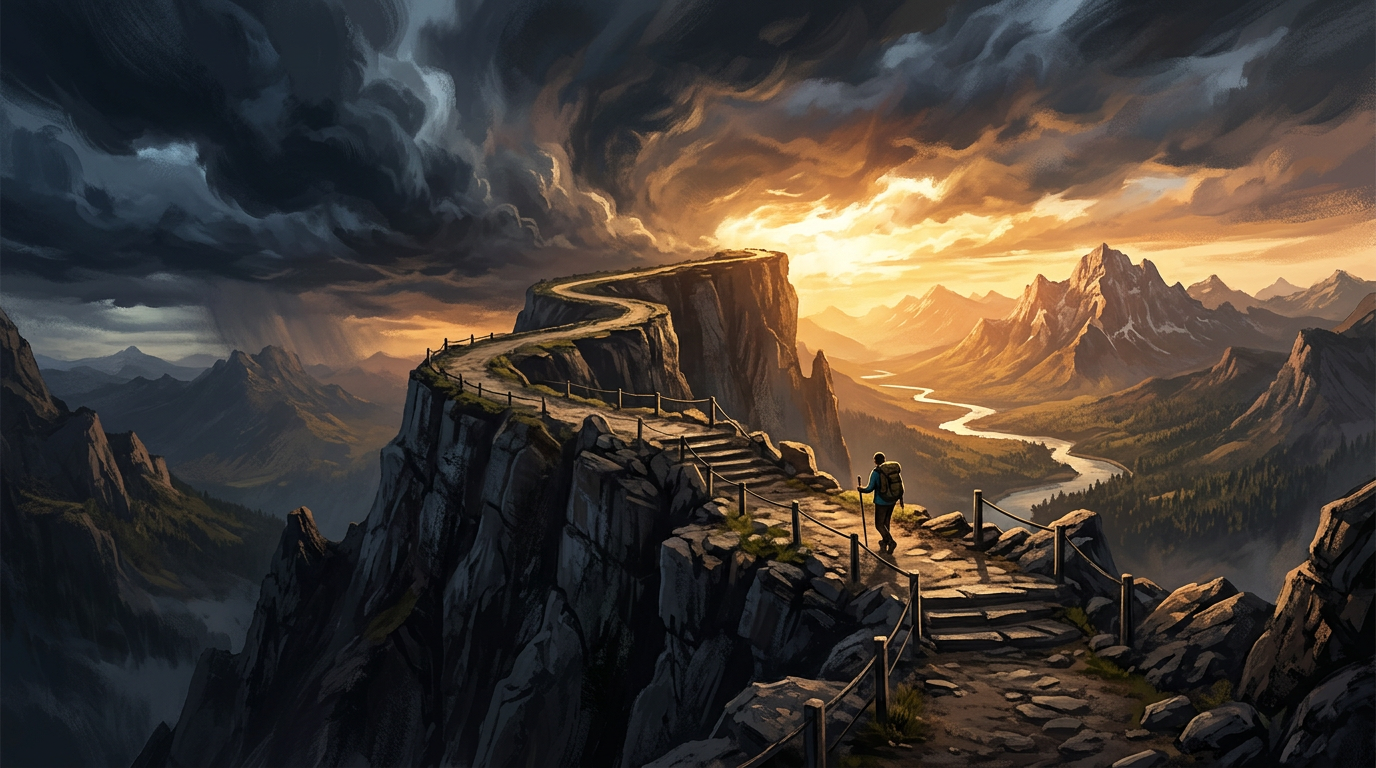 Cliff path toward a glowing horizon, roadmap tension metaphor